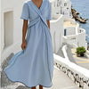 Summer Vacation V-Neck Womens Short-Sleeve Pleated Maxi Dress