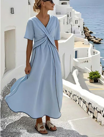 Summer Vacation V-Neck Womens Short-Sleeve Pleated Maxi Dress