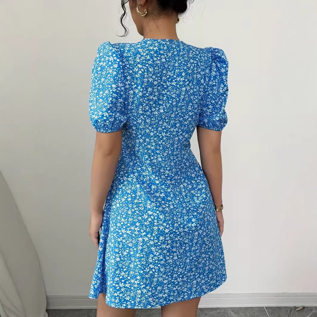 Womens Fashionable Printed Slim-Fit Pleated Dress