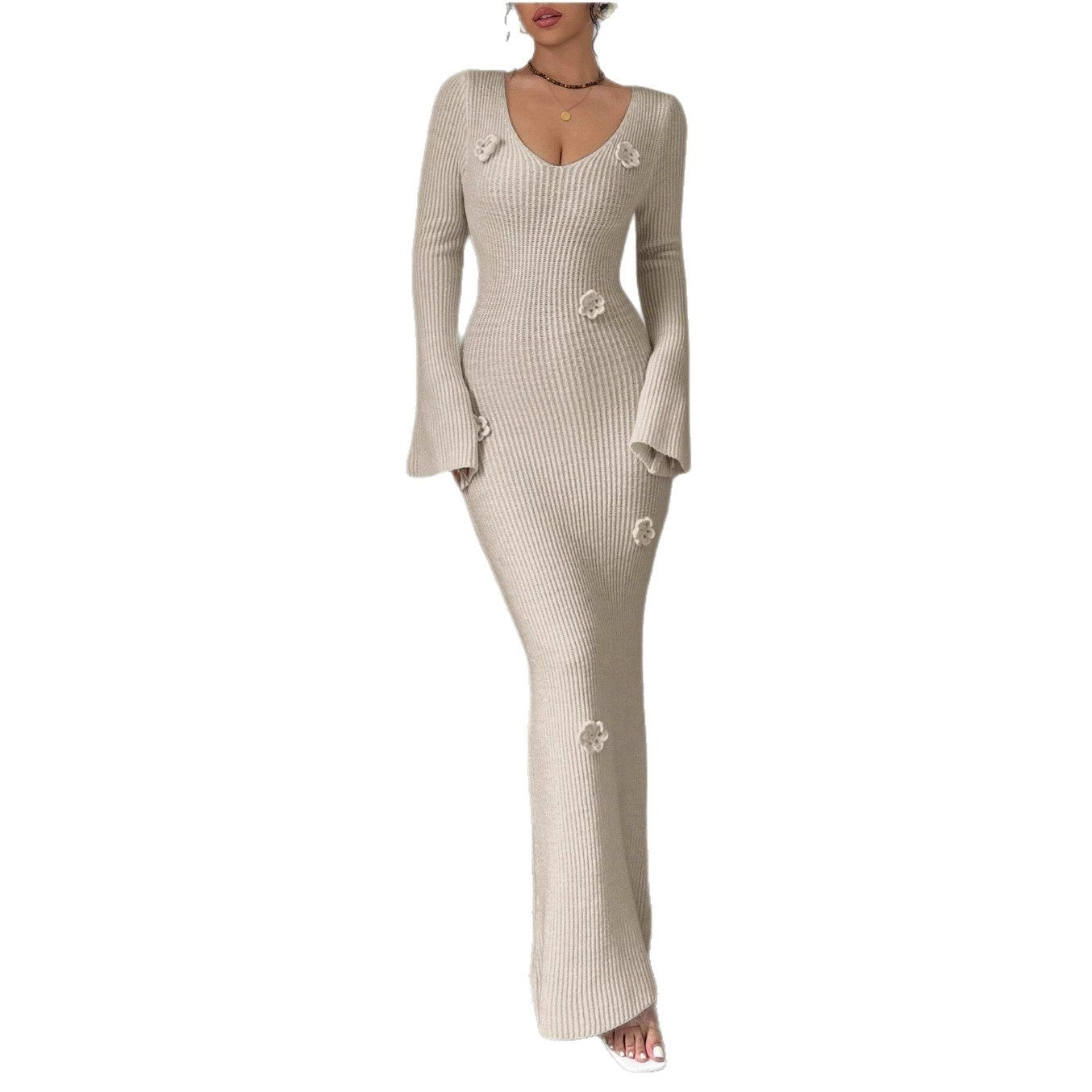 V-neck Waist Trimming Knitted Dress Women's Slimming Sheath