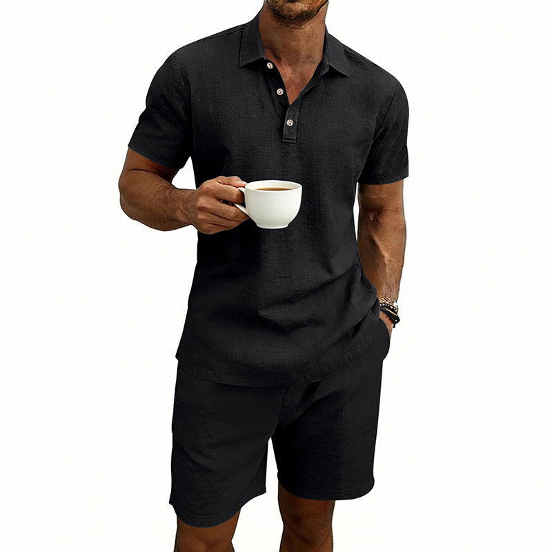 Set di pantaloncini e camicia a maniche corte casual da uomo in lino