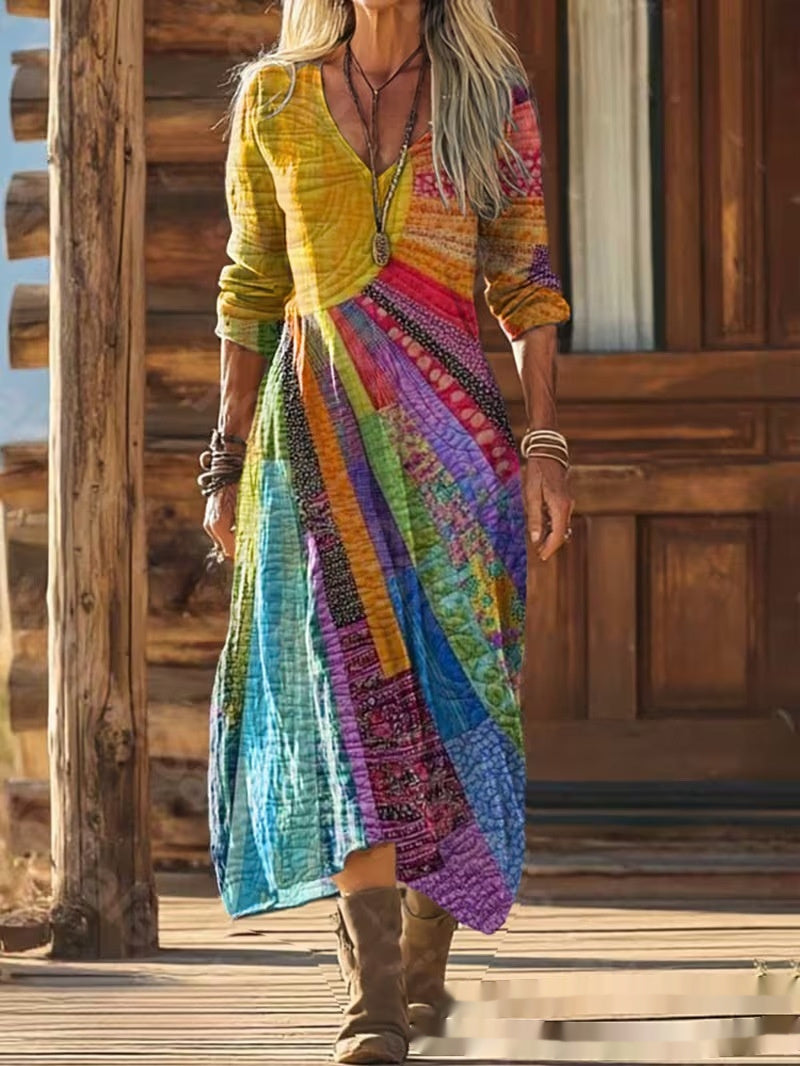 Womens 3D-printed V-neck Long-sleeve Dress