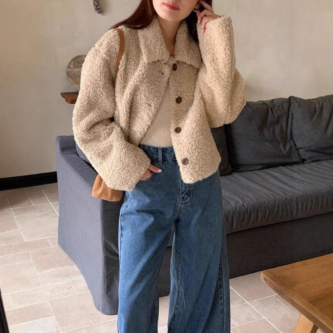 Lapel Single Breasted Loose Short Velvet Top