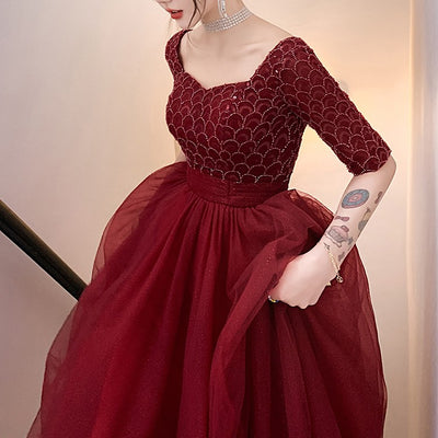Vestito da sera bordeaux lungo da donna con maniche lunghe