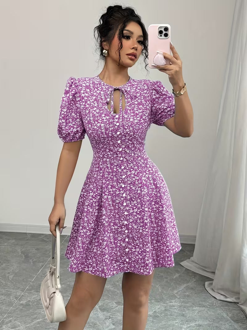 Womens Fashionable Printed Slim-Fit Pleated Dress