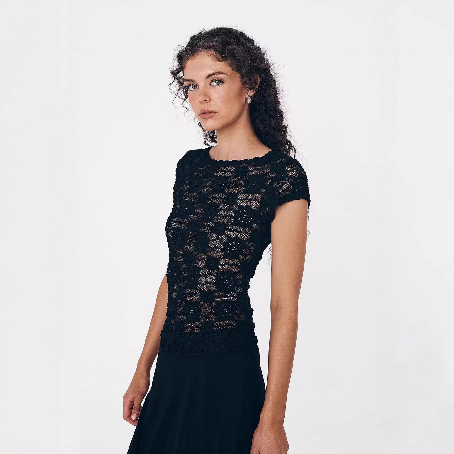 Top da donna sexy e alla moda, aderente con pizzo traforato