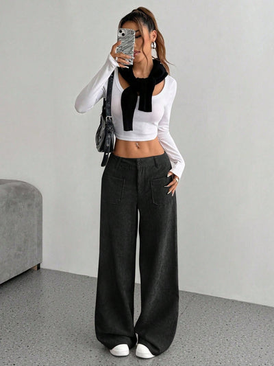 Casual Women's Front And Back Pockets Loose Solid Color Pockets Mopping Wide Leg Pants