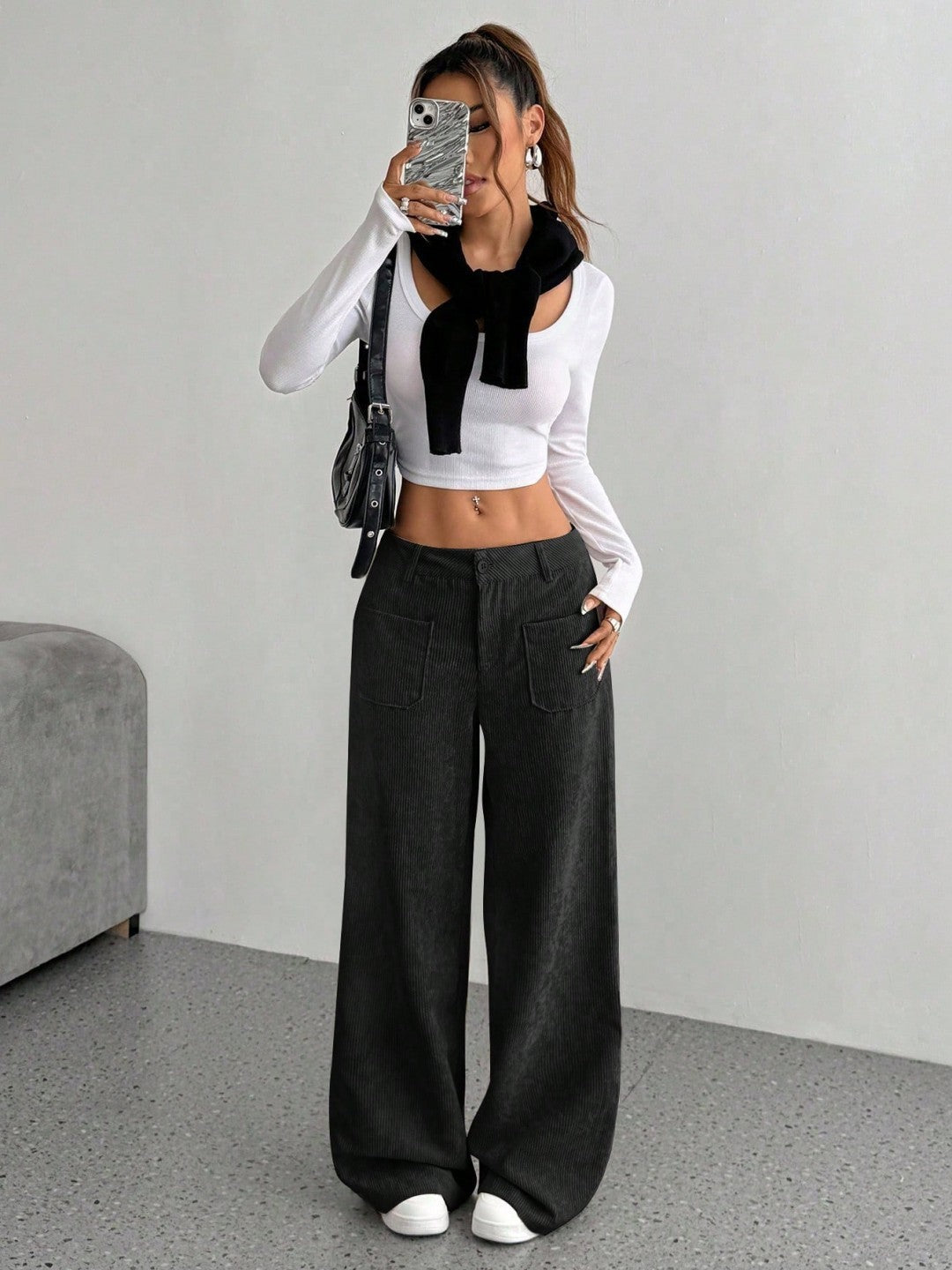 Casual Women's Front And Back Pockets Loose Solid Color Pockets Mopping Wide Leg Pants