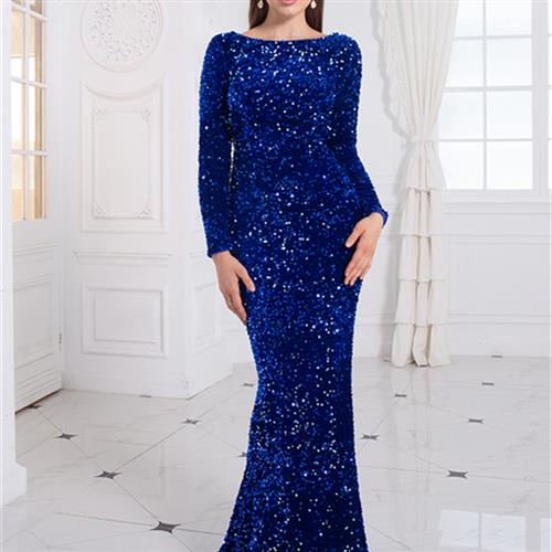 Vestito da sera da donna modesto elasticizzato con paillettes blu royal per balli e feste