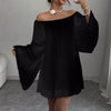 Womens Solid-Color Pleated French-Style Minimalist Off-Shoulder Dress