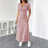 Womens Short-Sleeve Mid-Length Floral V-Neck Dress
