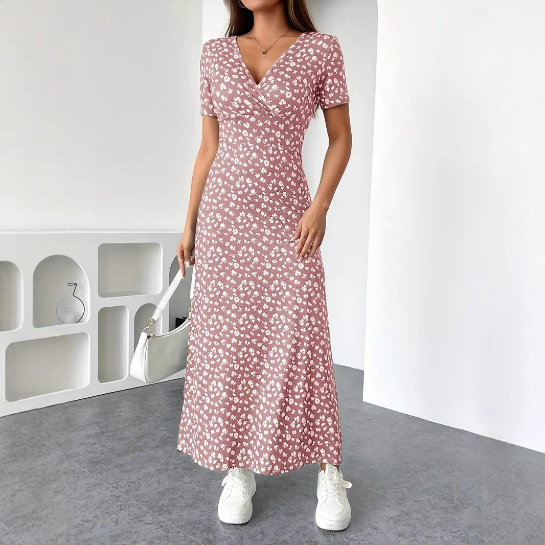 Womens Short-Sleeve Mid-Length Floral V-Neck Dress