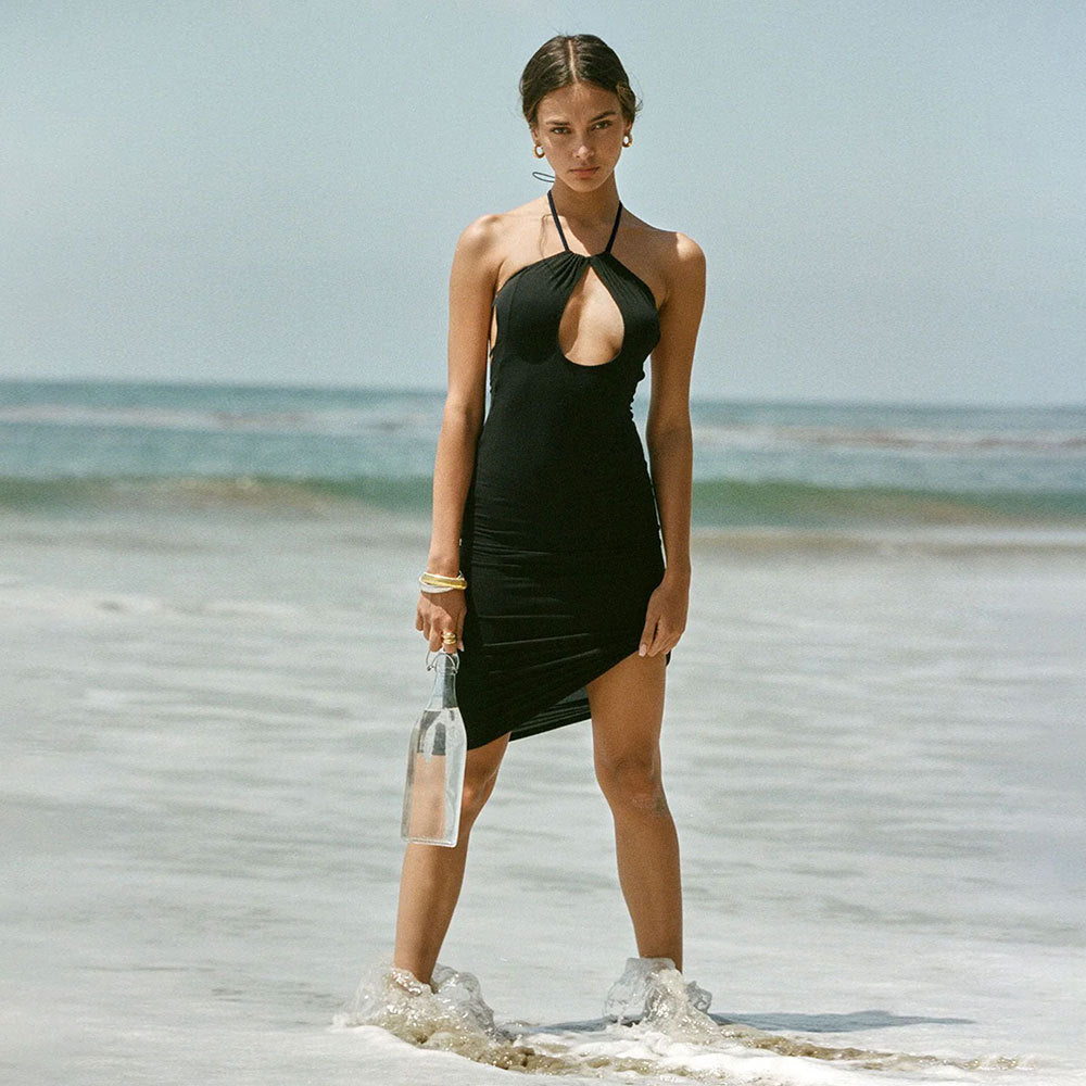 Womens Solid-Color Backless Hollow-Out Halter Dress