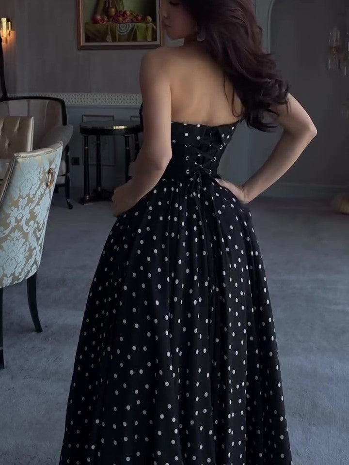 Black Strapless Polka Dot Full Skirt Maxi Dress