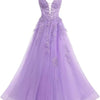 Women's Spaghetti Strap Tulle Long Applique Lace Dress With Long Dress