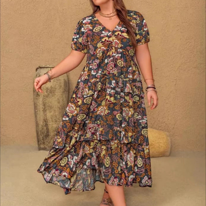 Womens Plus-Size Bohemian V-Neck Printed Short-Sleeve Dress