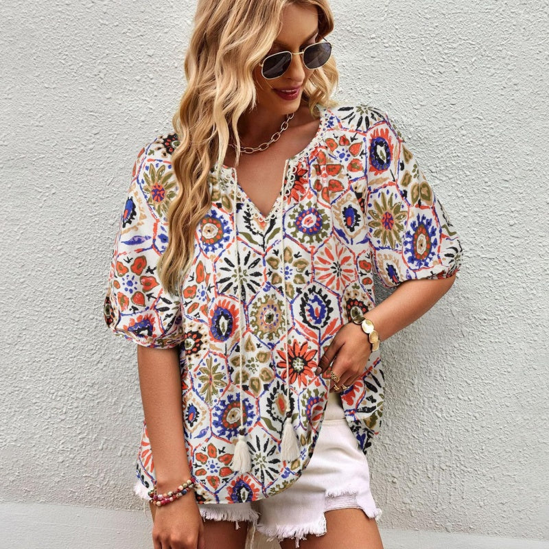 Bohemian Casual V-neck Short-sleeve Printed Blouse