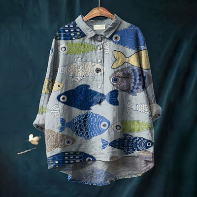 Camicia alla Coreana in Lino di Bambù Stampato Stile Cinese con Colletto Polo