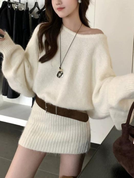 Off-shoulder Loose-fitting Women's Sweater Skirt Casual Knitted Top