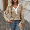 Women's V-neck Buttons Pullover Patchwork Casual Long-sleeved Top