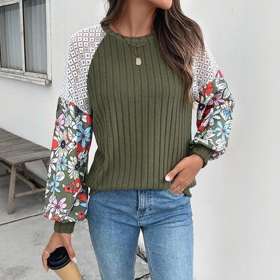 Cross-border Knitted Top With Crew Neck And Floral Patchwork Design