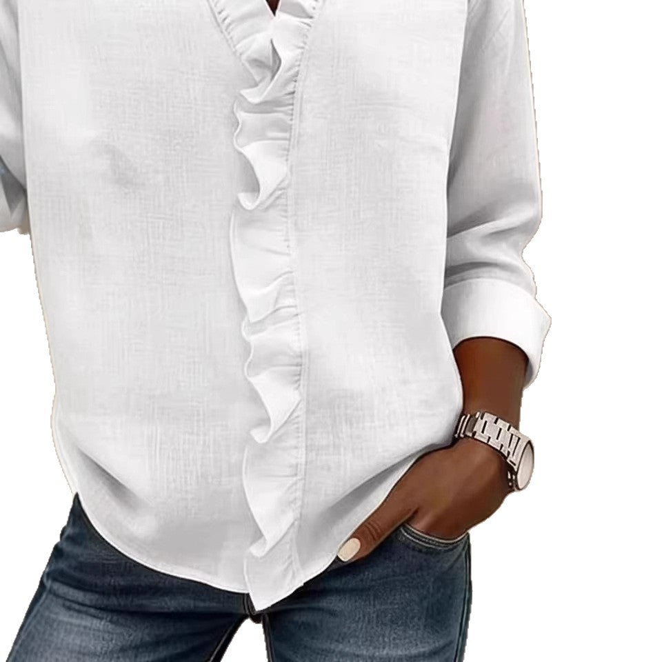 Camicia in cotone a maniche lunghe con balze