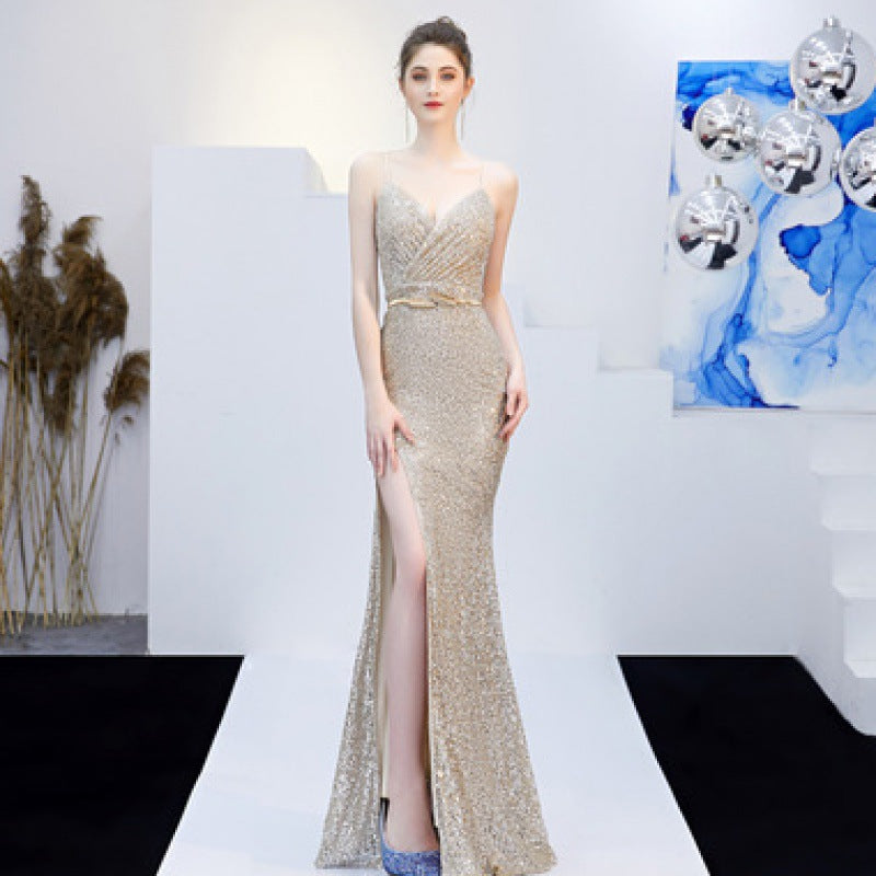 Nuovo Banchetto Elegante Riunione Annuale Lungo Host Profondo V Sexy Abito da Sera a Sirena con Paillettes