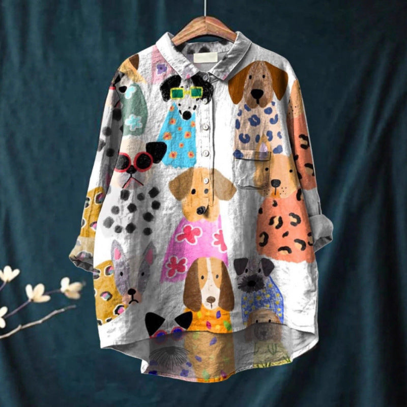 Camicia da donna estiva casual a maniche corte con stampa e colletto, taglia europea
