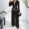 Women's Two-Piece V-Neck Long Sleeve Blouse With Contrast Trim & Straight Leg Wide Pants Set - Office Wear Suit For Spring&Fall