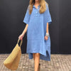 New Solid-color Casual Cotton-linen Long Dress With A Turn-down Collar And Buttons