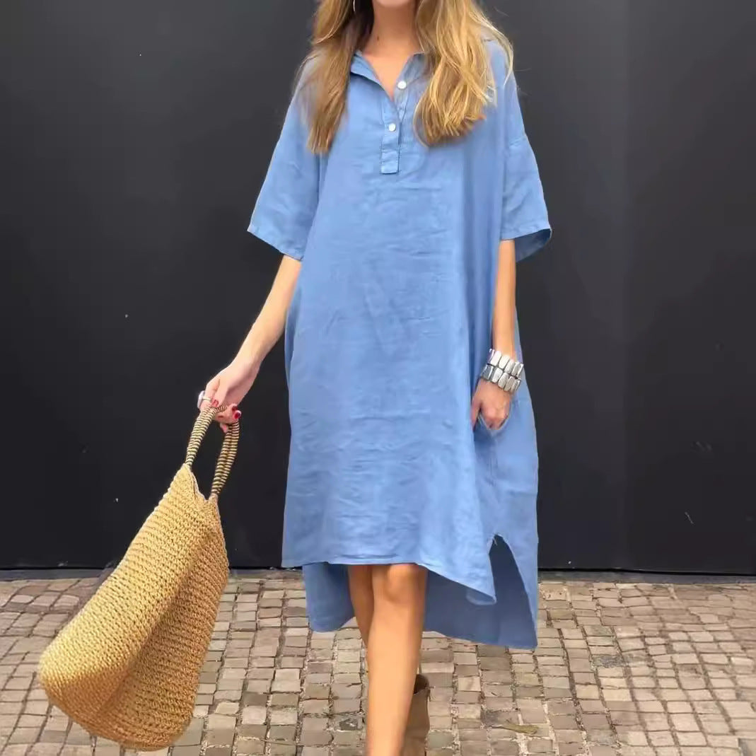 New Solid-color Casual Cotton-linen Long Dress With A Turn-down Collar And Buttons