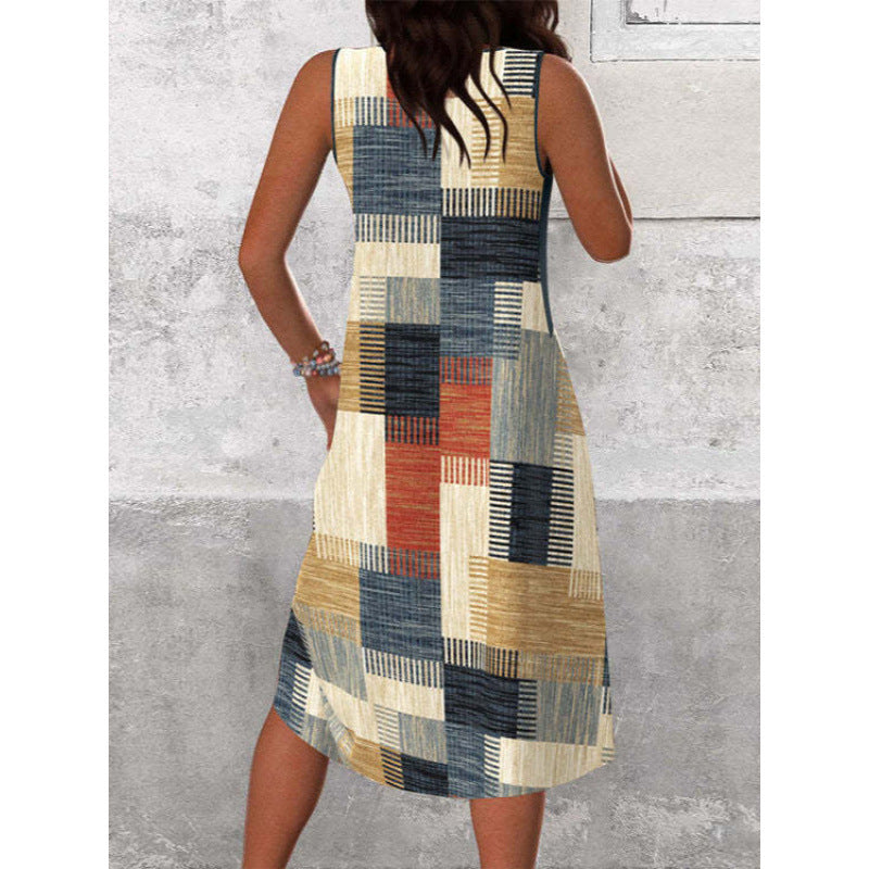 Womens Casual Versatile V-Neck Sleeveless Colorblock Dress