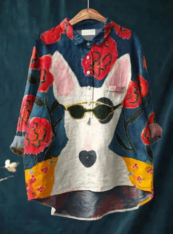 Camicia da donna estiva casual a maniche corte con stampa e colletto, taglia europea
