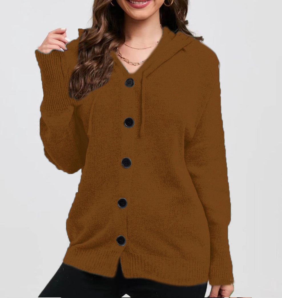 Maglione monopetto con cappuccio in tinta unita da donna