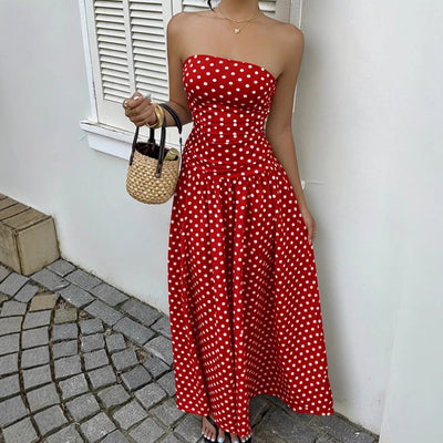 Off-the-shoulder Polka-dot A-line Waist-cinched Figure-flattering Dress