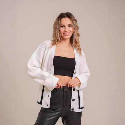 Loose-fitting V-neck Pocket Contrast Color Knitted Cardigan Sweater Coat