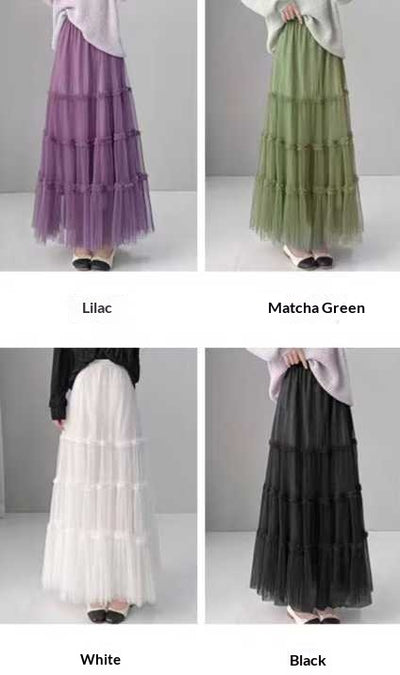 French-style Ruffled Mesh Panel Puffy Skirt