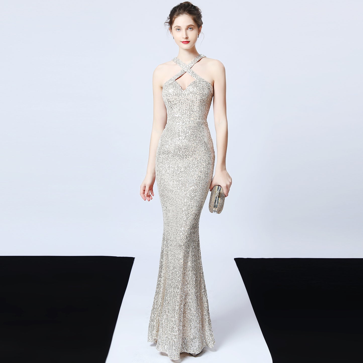 Abito da sera con paillettes, lungo, aderente, a sirena