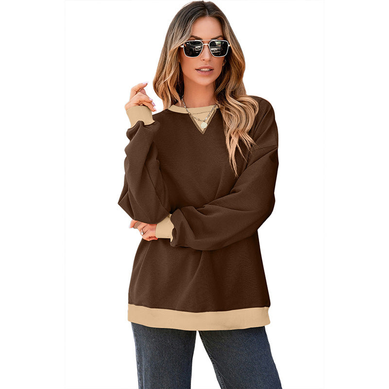 Color Contrast Patchwork Round Neck Pullover Long Sleeve Sweater Women