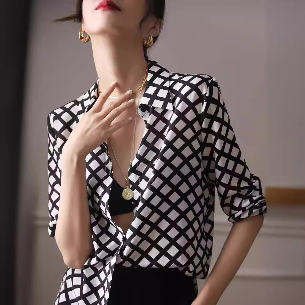 Camicia da donna a quadri in seta satinata, stile retrò, di alta qualità, bianca e nera