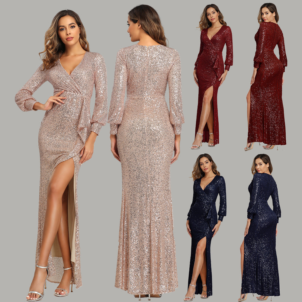 Abito da sera da banchetto sexy con spacco alto a maniche lunghe e paillettes da donna, celebrità fantasia