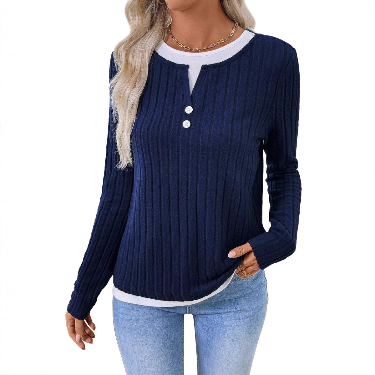 Women's Fake Two-piece Round Neck Button Pullover Grinding Sweater