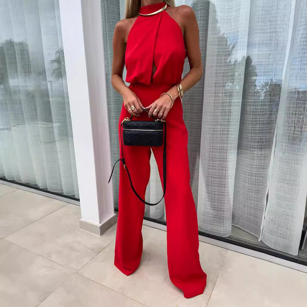 Womens Sexy Fashionable High-waisted Backless Tailored Straight Jumpsuit