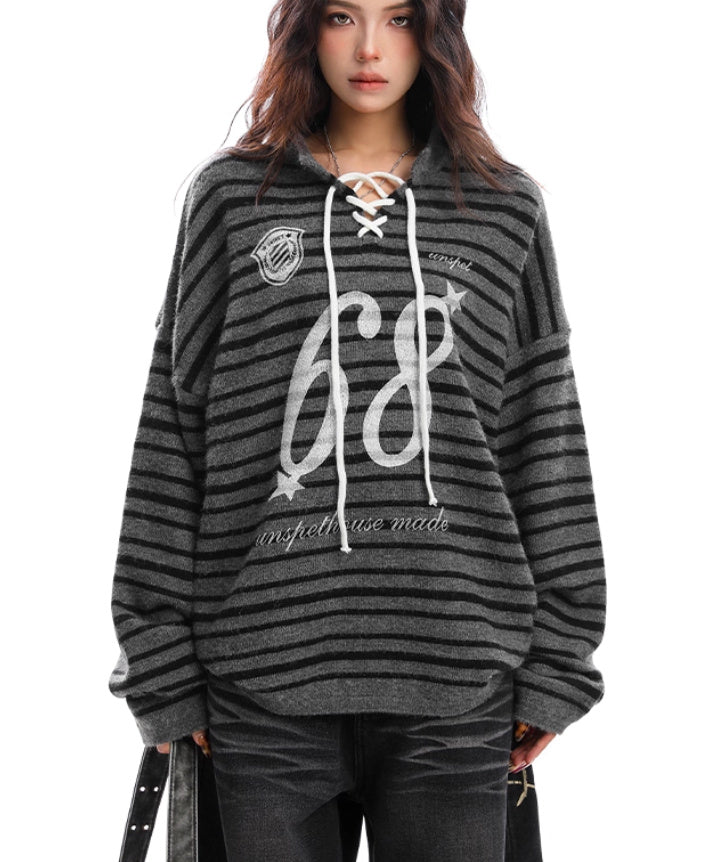Loose Mixed Color Stripe Lace-up Sweater