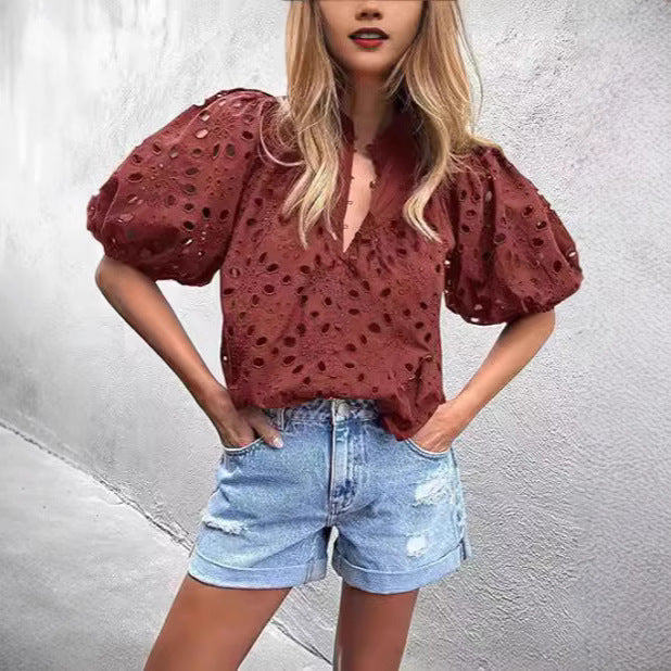 Top da donna casual elegante in pizzo traforato