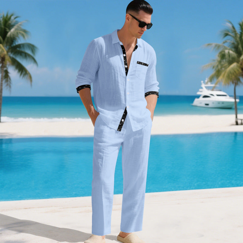 Set due pezzi camicia e pantaloni in lino da uomo