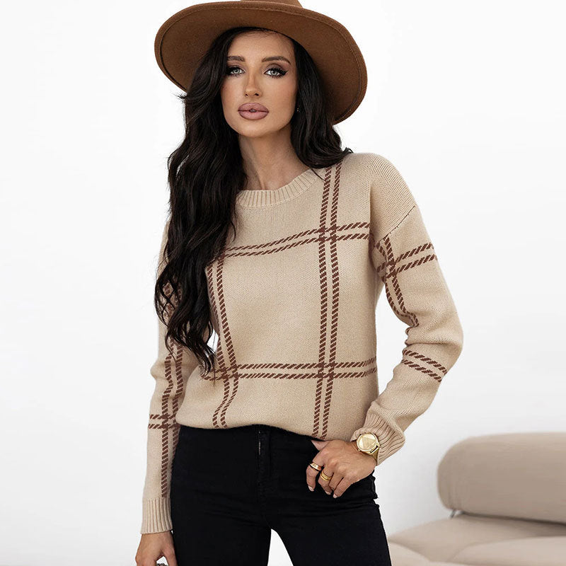 Women's Casual Plaid Color-block Crew Neck Sweater
