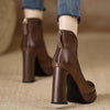Retro Brown Chunky Heels Round Head Temperament Back Zipper Platform Booties