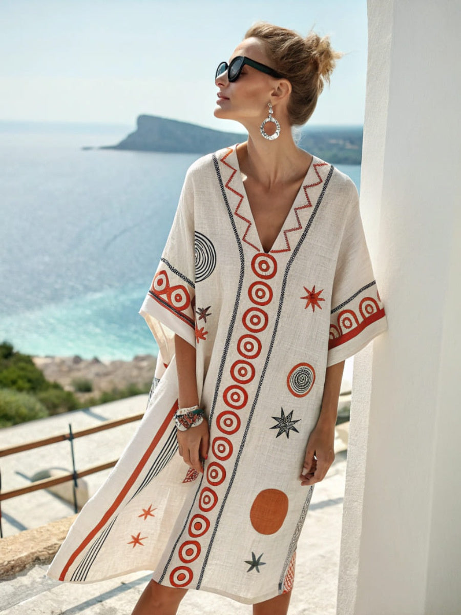 Womens V-neck Dress For Beach Vacations 3D-printed Relaxed Fit