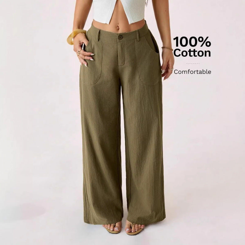 Nuovi pantaloni ampi da donna in misto cotone-lino a vita media, casual, per il pendolarismo